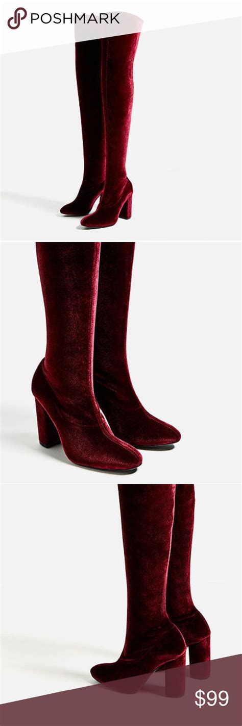 Zara Red Velvet Over The Knee Thigh High Boots Thigh High Boots