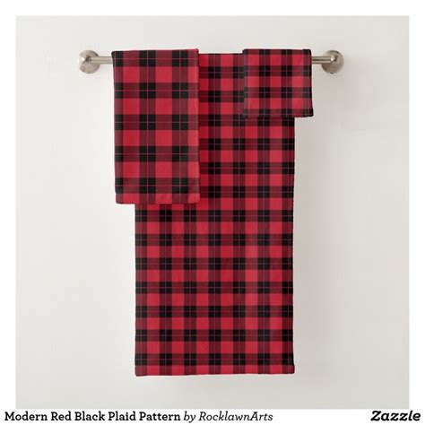 Modern Red Black Plaid Pattern Bath Towel Set Patterned