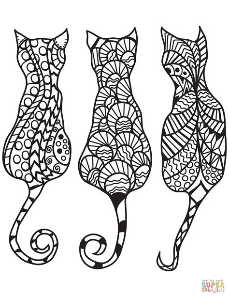 Three Cats in Zentangle Style coloring page | Free Printable Coloring Pages