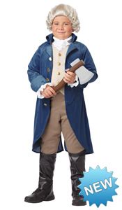This children's costume for boys features a long blue colonial jacket with vest & white ruffles and tan pants. Make Your Own George Washington Costume IdeasGeorge Washington Costume Guide