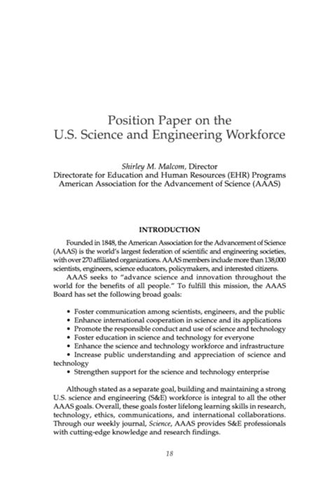 The goal of a position bestseller: Position Paper on the U.S. Science & Engineering Workforce ...
