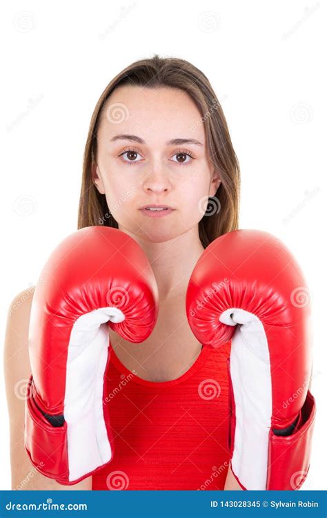 Beautiful Punchy Woman With Two Red Boxing Gloves Isolated On White