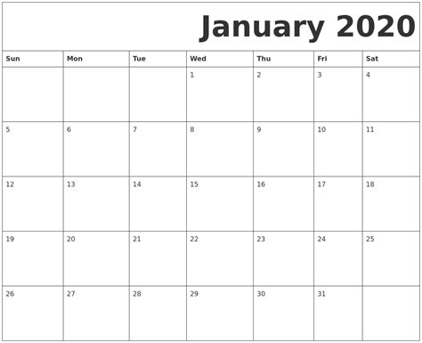 Free January 2020 Printable Calendar Blank Templates Calendar Letters