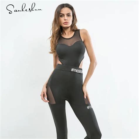 gym sport fitness jumpsuit one piece yoga set sexy mesh patchwork hollow out women jumpsuit