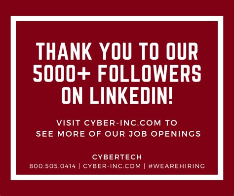 5000 Followers On Linkedin Wearehiring Cybertech