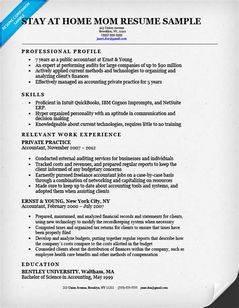 Stay At Home Mom Resume Sample And Writing Tips Resume Companion