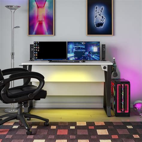 Evostar White Gaming Desk With Led Lighting And Free Gaming Mat