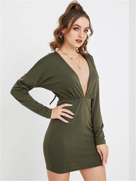 Yoins Army Green Backless Lace Up Design Deep V Neck Long Sleeves Dress Womens Fashion