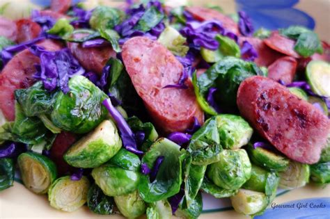 Slice the smoked sausage into coins. Gourmet Girl Cooks: Stir-Fried Sprouts, Red Cabbage & Chicken-Apple Smoked Sausage -- Quick ...