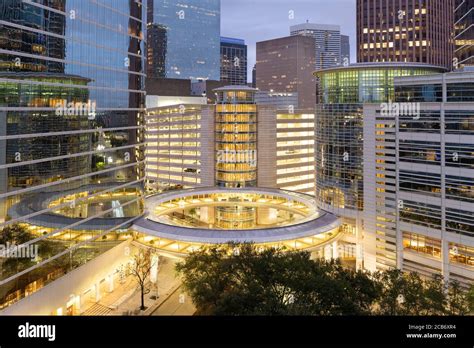 Houston Texas Usa Downtown Cityscape At Dusk In The Financial