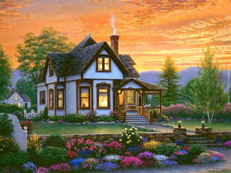 Download Tree Sunset Flower Cottage Artistic Painting Wallpaper By