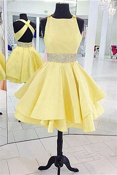 Yellow Satin Beaded Short Backless Homecoming Dressescheap Homecoming Dress Z0025 Yellow
