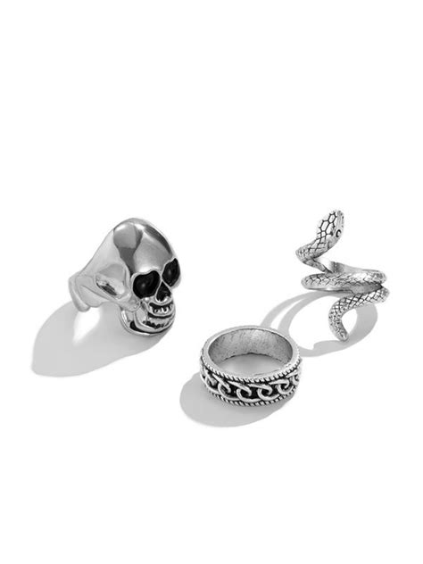 Emmiol Free Shipping 2023 3pcs Punk Skeleton Chain Snake Ring Silver