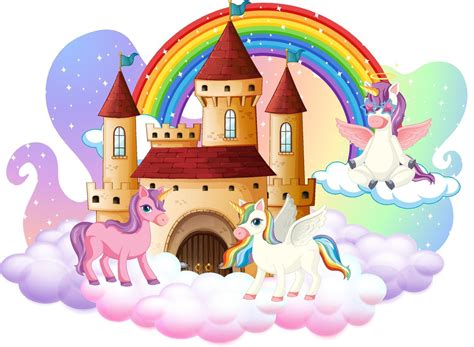 Many Cute Unicorns Cartoon Character With Castle On The Cloud 2379614
