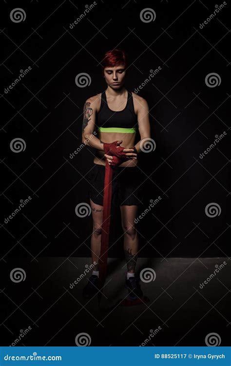 Woman Is Wrapping Hands With Red Boxing Wraps Stock Image Image Of