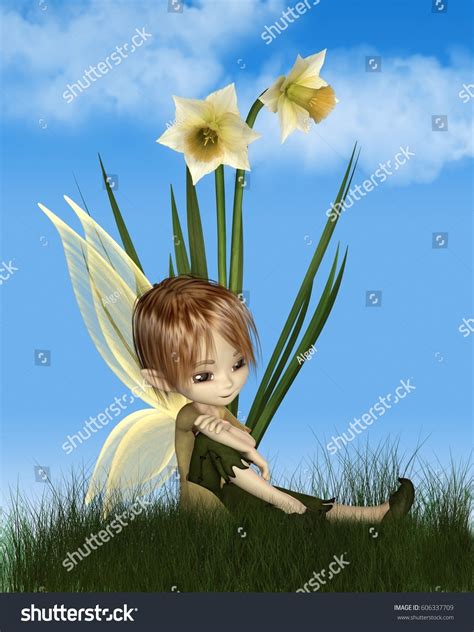 Cute Toon Daffodil Fairy Boy Sitting Stock Illustration 606337709