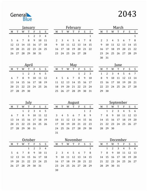 2043 Yearly Calendar Templates With Monday Start