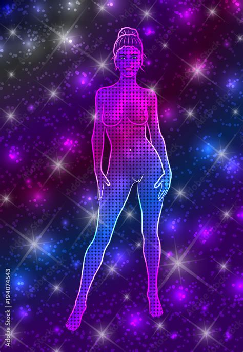 Mystical Celestial Naked Woman In Standing Pose On Starry Night Sky Background Stock Vector