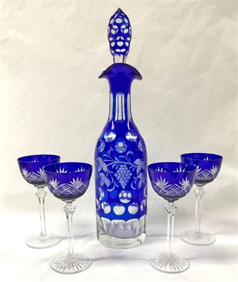 Bohemian Crystal Decanter And Long Stemmed Crystal Sherry Glasses Cobalt Blue Cut To Clear