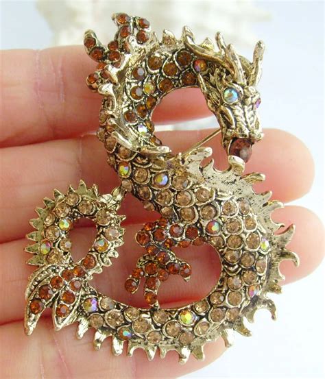 Unique Chinese Dragon Brooch Pin Pendant Brown Rhinestone Crystal