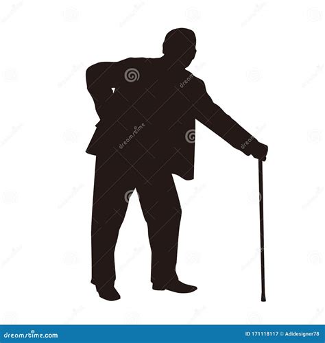 Old Man Using Cane Walking Stick Silhouette Stock Vector Illustration