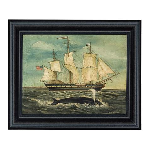 Whaling Ship With Whale Print Behind Glass In Black Wood Frame Whale