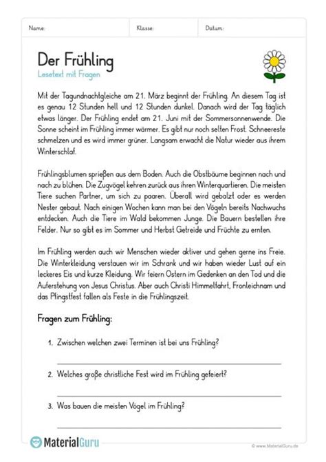 Liste der übungen greetsieler krabbenbrot: Arbeitsblatt: Lesetext zum Frühling (mit 3 Fragen ...