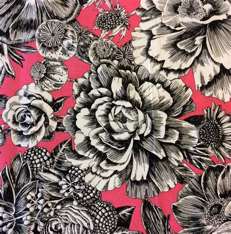 Toile Floral Pink Roses Toile Peonies Flowers Black White Cotton Quilt Fabric Bl11