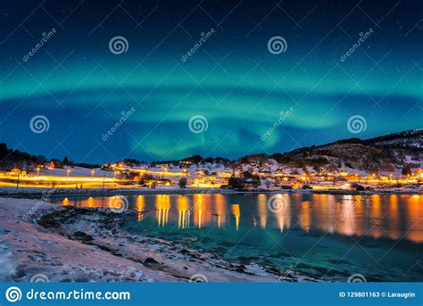 Scenic Winter Landscape With Northern Lights Aurora Borealis In Night