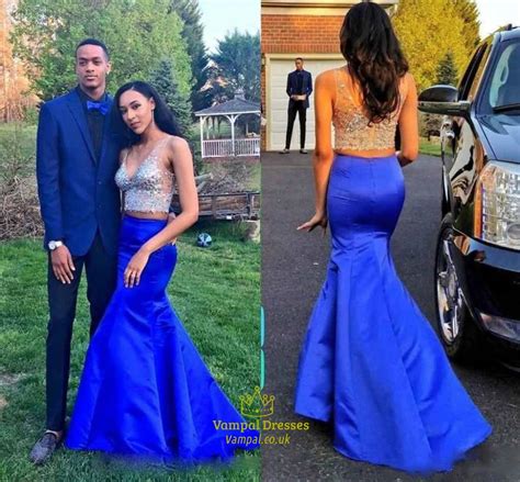 Royal Blue Two Piece Beaded V Neck Illusion Long Formal