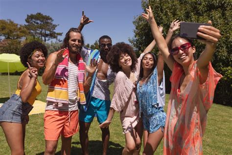 Diverse Group Of Friends Taking Selfie At A Pool Party Stock Image