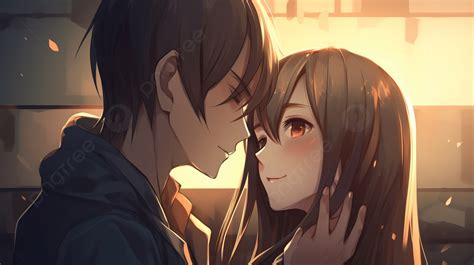 Anime Couple Kissing Each Other With The Sun Behind Them Background