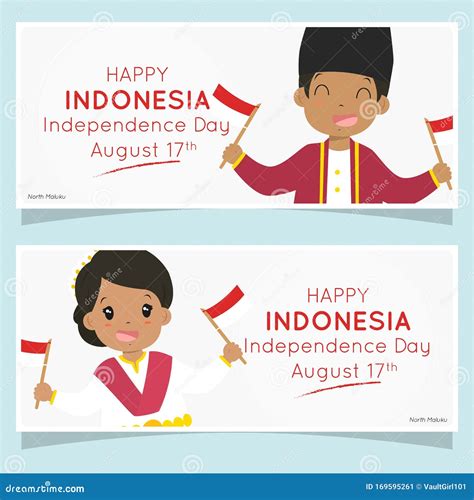Happy Maluku Boy Holding Indonesian Flags Cartoon Vector