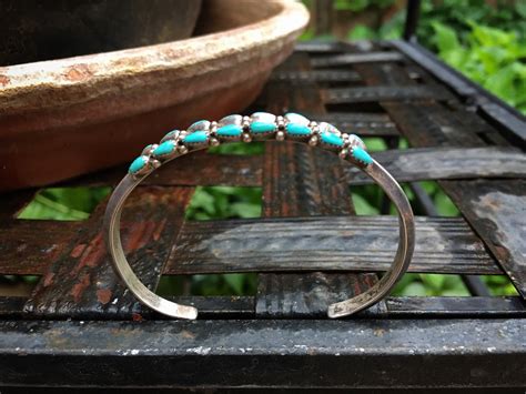 Signed Zuni Turquoise Cuff Bracelet Women Native American Indian Jewelry Row Bracelet