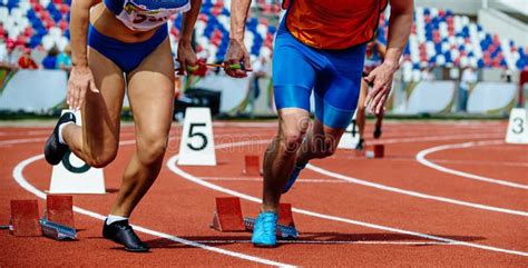 Female Blind Runner With Guide Starting Running Sprint Race Stock Image