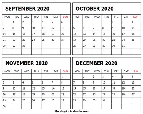 Calendar September October November December 2020 Editable Printable