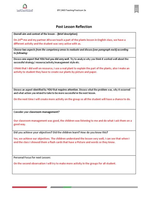 Post Lesson Reflection Template Pdf