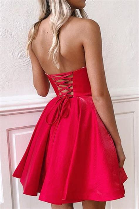 Macloth Strapless Sweetheart Mini Prom Homecoming Dress Red Cocktail P