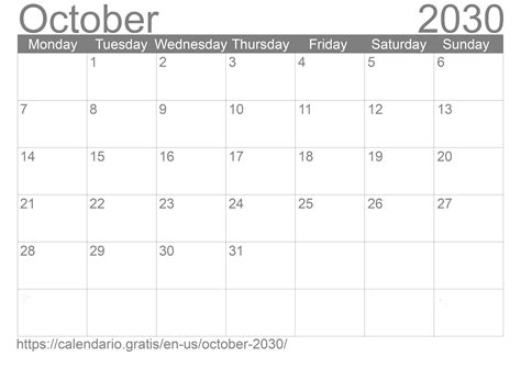 Calendar October 2030 From United States Of America In English ☑️