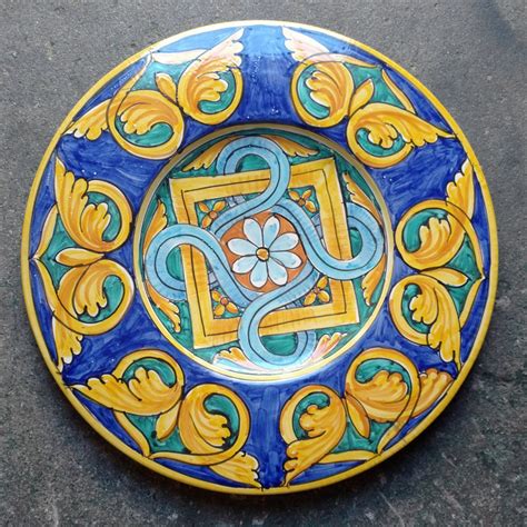 Small Round Platter Geometric Blue Flower Italian Pottery Outlet
