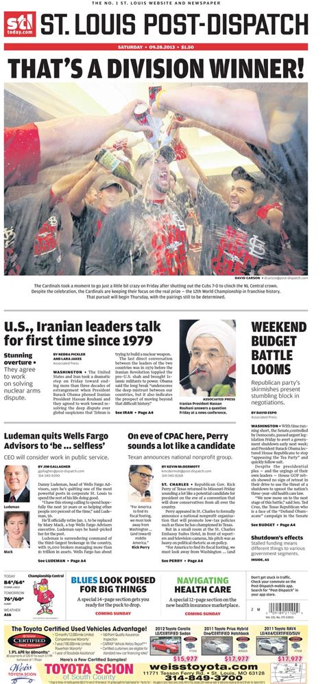 The St Louis Post Dispatch Front Page For Saturday Sept 28 2013