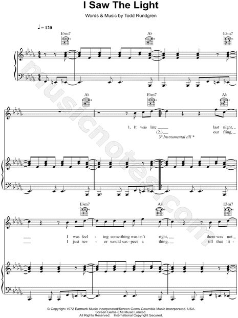 Todd Rundgren I Saw The Light Sheet Music In Db Major Transposable Download And Print Sku
