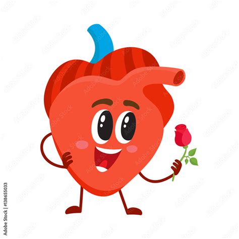 Cute And Funny Smiling Human Heart Character Holding A Rose Cartoon
