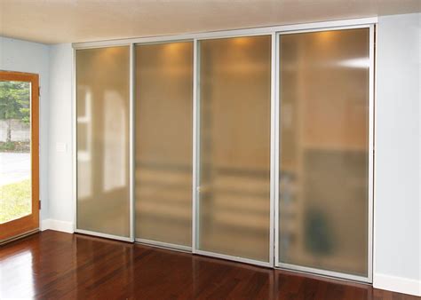 To fit the top and bottom tracks and insert the sliding doors, you will need to measure the. Frosted Glass Sliding Closet Doors With Silver Frame ...