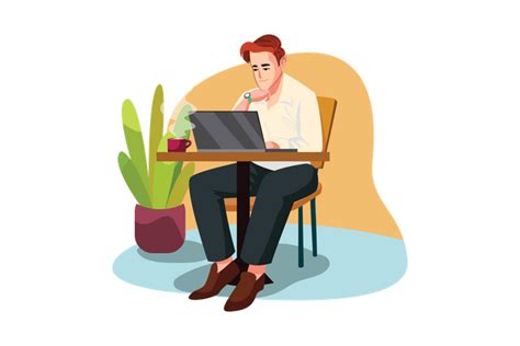 Best Premium Man Sitting At Cafe Working On A Laptop Illustration