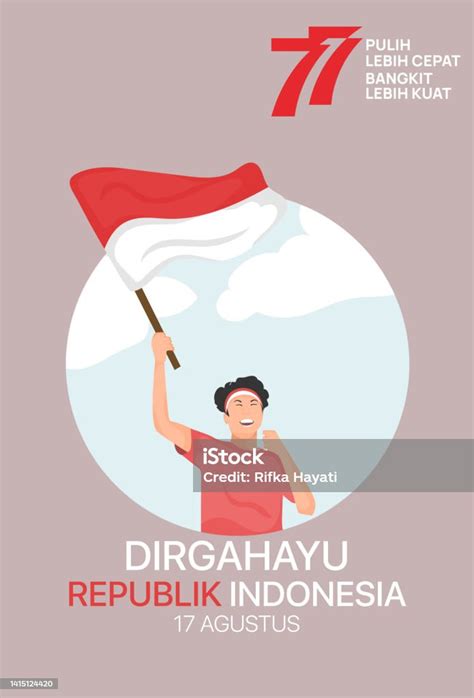Illustration Eines Indonesischen Mannes Der Eine Flagge Hält Und Den