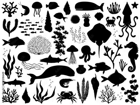 Sea Life Vector Silhouette Illustration Set Stock Vector Adobe Stock