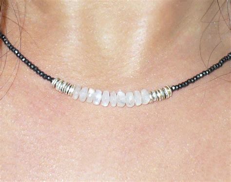Moonstone Necklace June Birthstone Hematite Beaded Necklace Womans