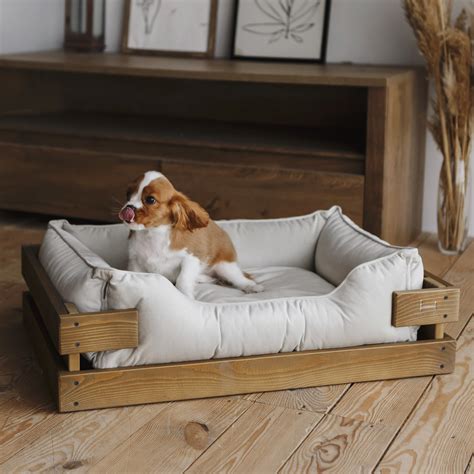 Dog Bed Wooden Frame Nature Vanilla Velvet Wood Frame Bed Etsy
