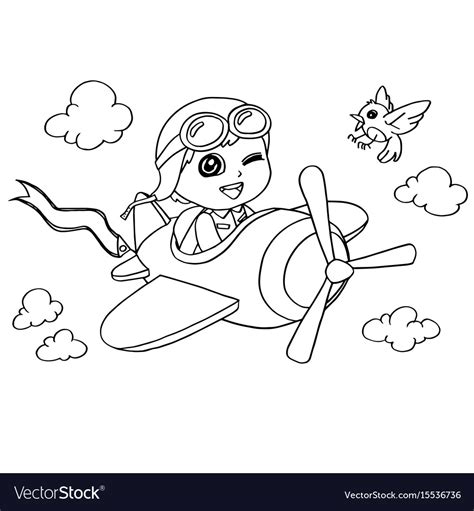 Little Boy Flying In A Toy Plane Coloring Page Vector Image
